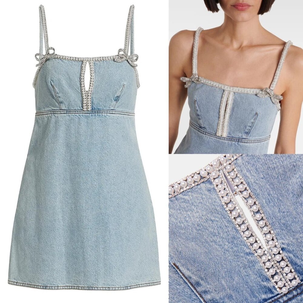 Self-Portrait LIGHT Denim RHINESTONE Pearl-Trim BOW Minidress CUTOUT SZ 8 NWT